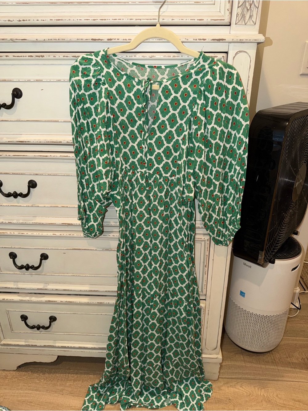 Source Unknown Green and White Geometric Maxi Dress with Rust Accents